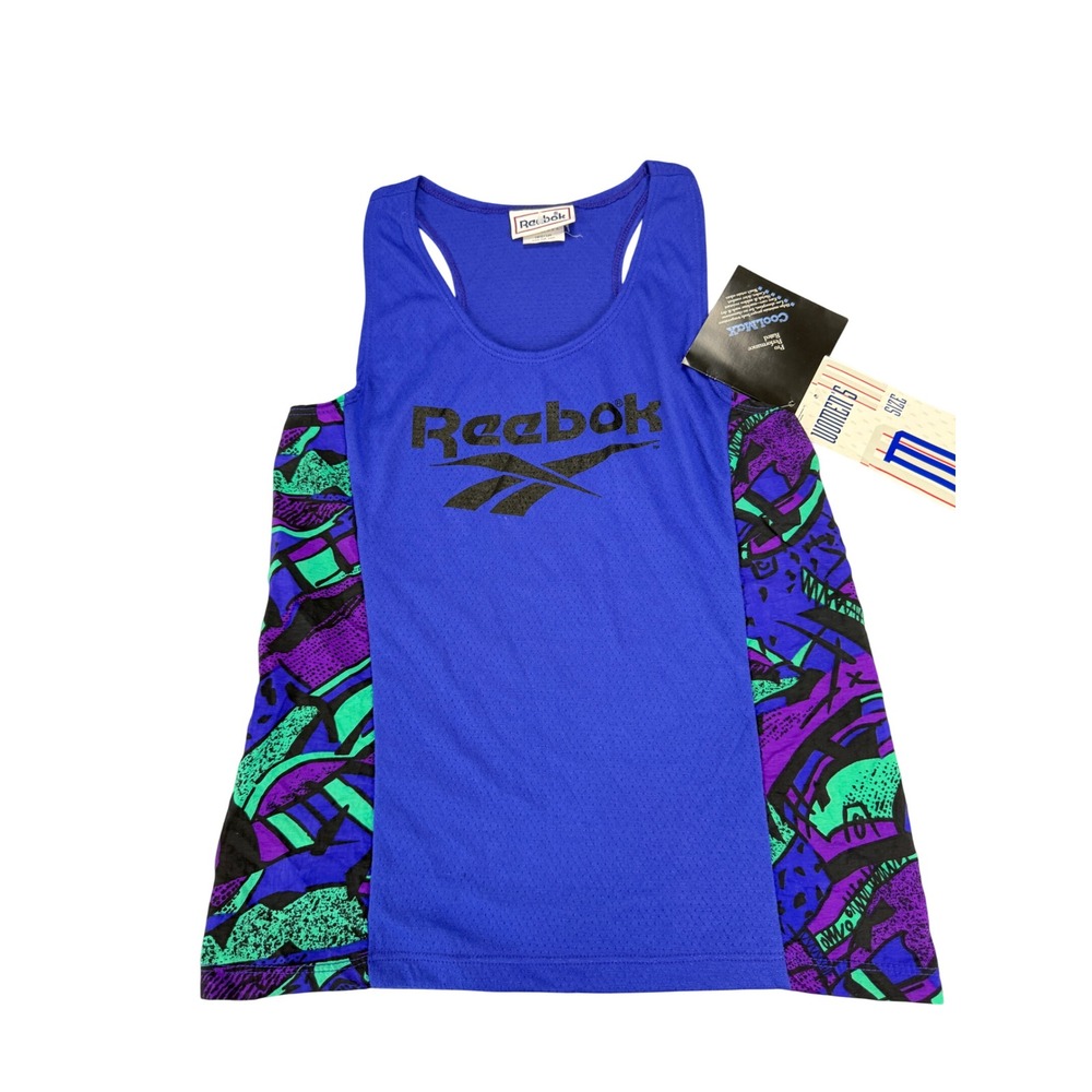 Vintage 90s Reebok CoolMax Tank Top Womens Medium Blue Abstract Made in USA NWT